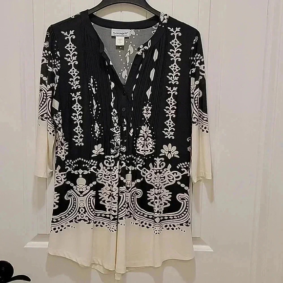 Serengeti Black White Pleated Vneck 3/4 Sleeve Boho Blouse Size Medium - Picture 7 of 7